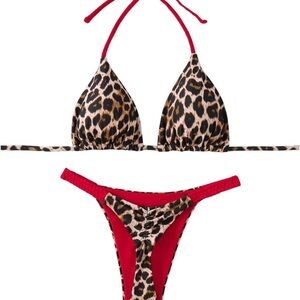Women's 2 Piece Cheetah Print Bikini Set Halter String High Waist Thong